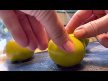 Load and play video in Gallery viewer, Wagner&#39;s Green Salad Tomato aka Green Elf Tomato being sliced open to show seed vs meat ratio
