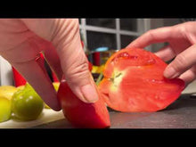Load and play video in Gallery viewer, Goatbag Rare Heirloom Oxheart Tomato Variety cutting open tomato seed for sale
